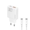 GaN 30W USB-A - USB-C sienas lādētājs ar USB-C kabeli - balts