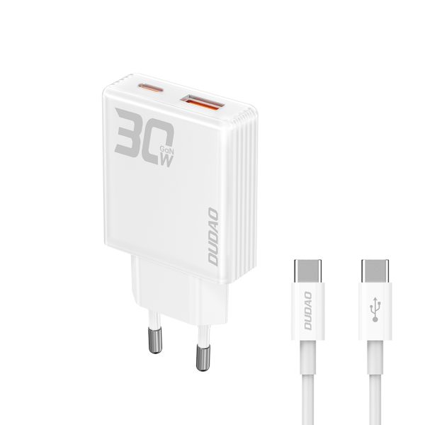 GaN 30W USB-A - USB-C sienas lādētājs ar USB-C kabeli - balts