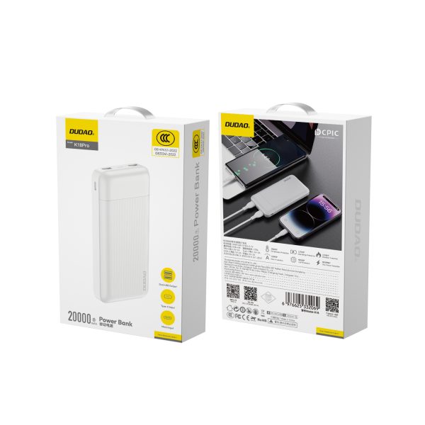 Powerbank K18 Pro 20000mAh USB-A / USB-C / Micro USB - balts