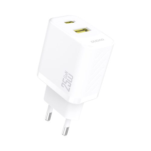 25 W USB-A USB-C ātrās uzlādes sienas lādētājs — balts