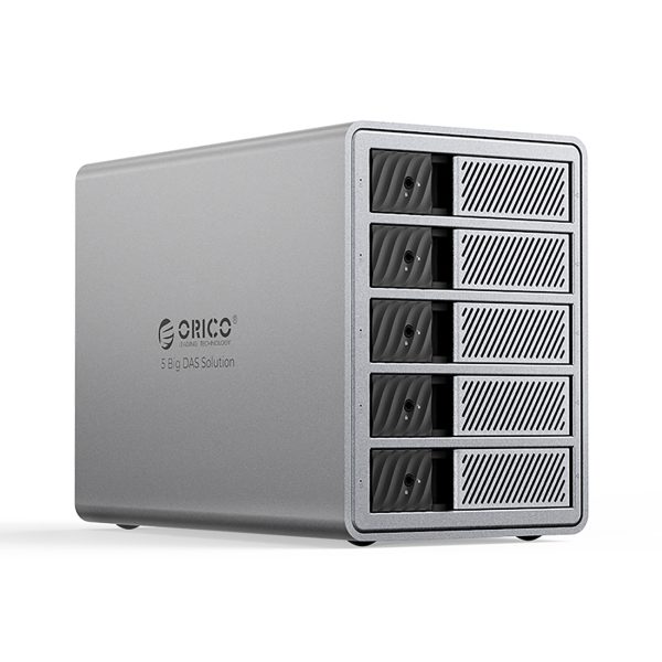 9858T3 Thunderbolt 3 5 nodalījumu 2,5 collu/3,5 collu SATA HDD/SSD disku masīvs - pelēks