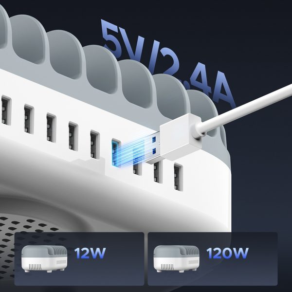 DUK-10P-V1 viedā uzlādes stacija telefoniem un planšetdatoriem, 10x USB-A - balta