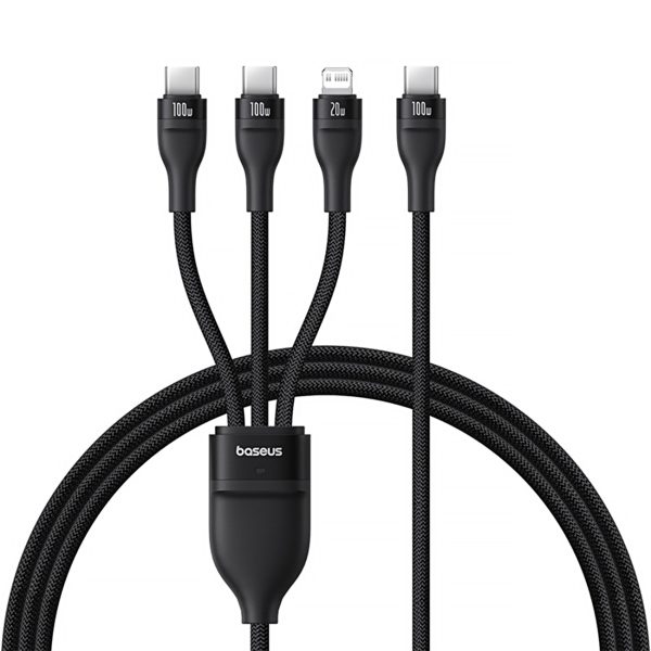 3in1 kabelis Flash Series 3 100W USB-C - 2x USB-C iPhone Lightning 1.5m - melns