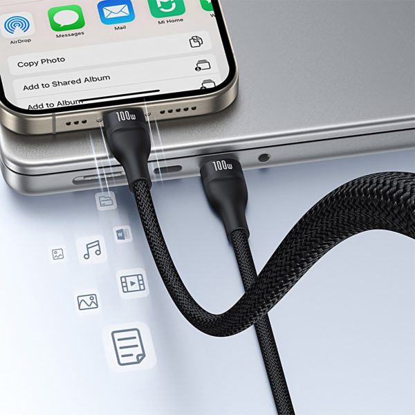 3in1 kabelis Flash Series 3 100W USB-C - 2x USB-C iPhone Lightning 1.5m - melns