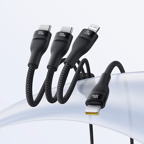3in1 kabelis Flash Series 3 100W USB-C - 2x USB-C iPhone Lightning 1.5m - melns