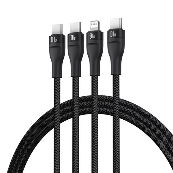 3in1 kabelis Flash Series 3 100W USB-C - 2x USB-C iPhone Lightning 1.5m - melns