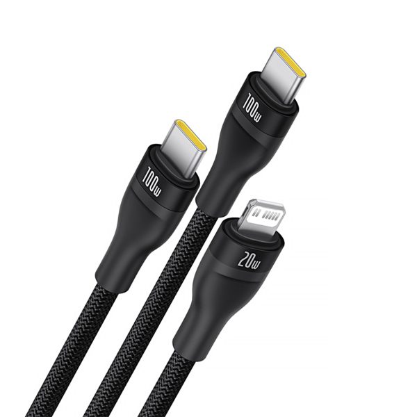 3in1 kabelis Flash Series 3 100W USB-C - 2x USB-C iPhone Lightning 1.5m - melns