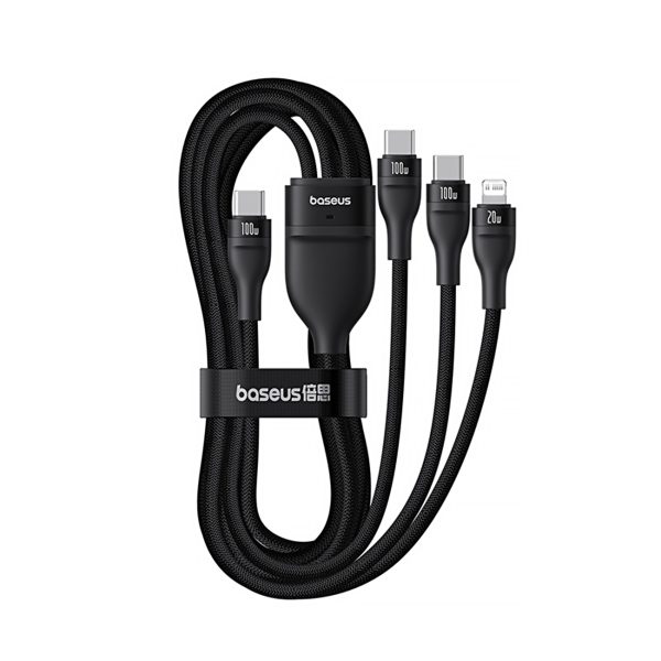 3in1 kabelis Flash Series 3 100W USB-C - 2x USB-C iPhone Lightning 1.5m - melns