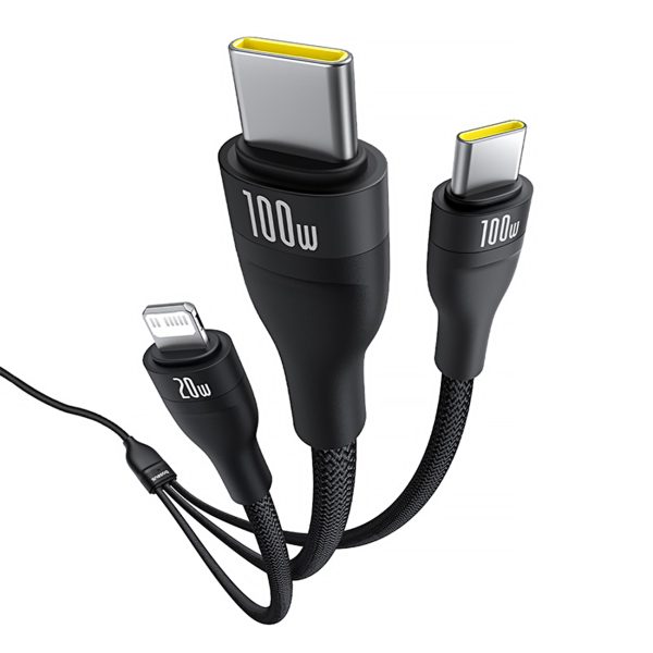 3in1 kabelis Flash Series 3 100W USB-C - 2x USB-C iPhone Lightning 1.5m - melns