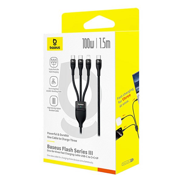 3in1 kabelis Flash Series 3 100W USB-C - 2x USB-C iPhone Lightning 1.5m - melns