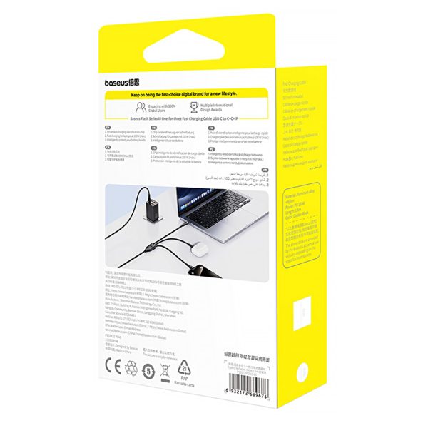 3in1 kabelis Flash Series 3 100W USB-C - 2x USB-C iPhone Lightning 1.5m - melns