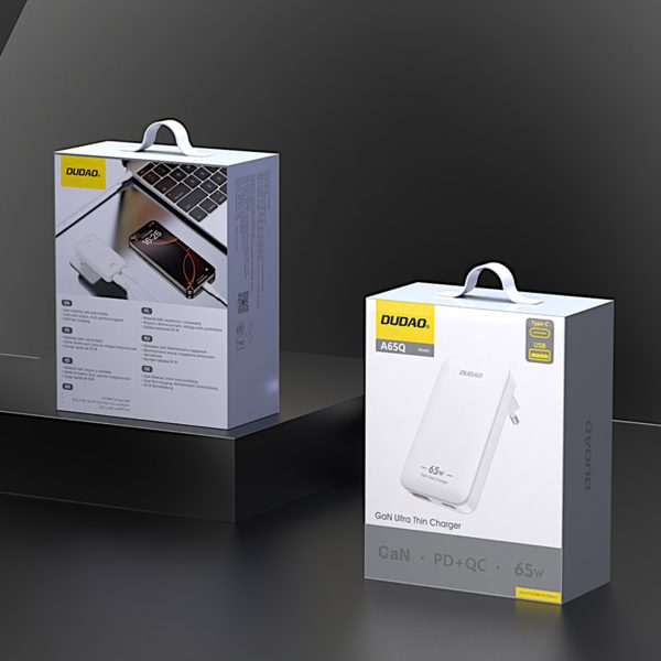 Īpaši plāns GaN 65W ceļojumu sienas lādētājs USB-A USB-C PD ES/ASV - balts