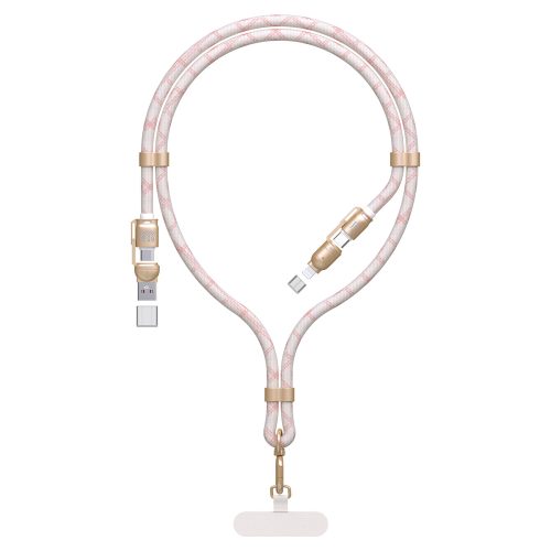 4in1 Kabelis-vads Lanyard USB-A / USB-C / iPhone Lightning PD QC 65W 1.5m - Rozā