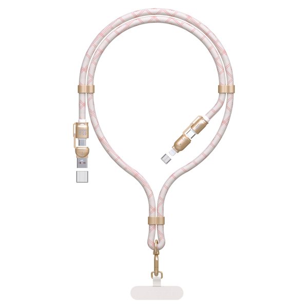4in1 Kabelis-vads Lanyard USB-A / USB-C / iPhone Lightning PD QC 65W 1.5m - Rozā