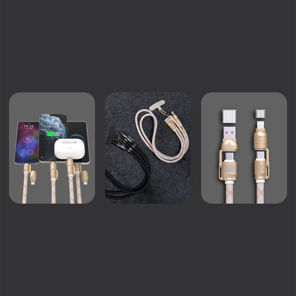 4in1 Kabelis-vads Lanyard USB-A / USB-C / iPhone Lightning PD QC 65W 1.5m - Rozā