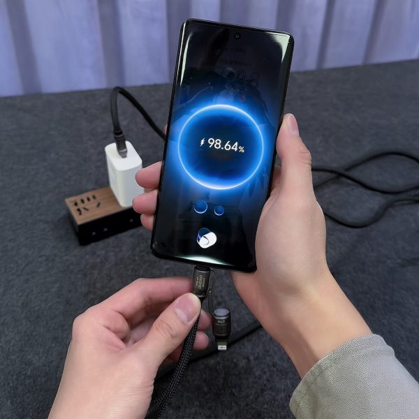 4in1 Kabelis-vads ar aukliņu USB-A / USB-C / iPhone Lightning PD QC 65W 1.5m - melns