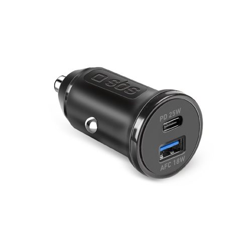Automašīnas lādētājs ar barošanas avotu USB-A, USB-C, 25W, melns