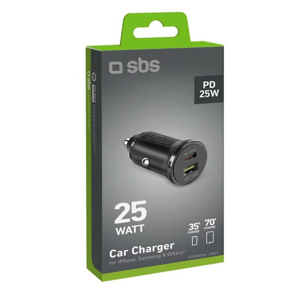 Automašīnas lādētājs ar barošanas avotu USB-A, USB-C, 25W, melns