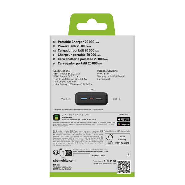 Powerbank 20000 mAh USB-A USB-C - melns