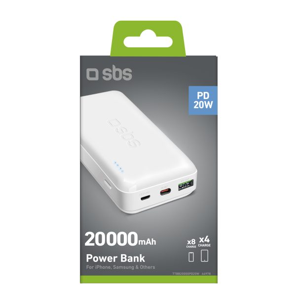 Powerbank 20000mAh PD MicroUSB USB-C USB-A 20W - balts