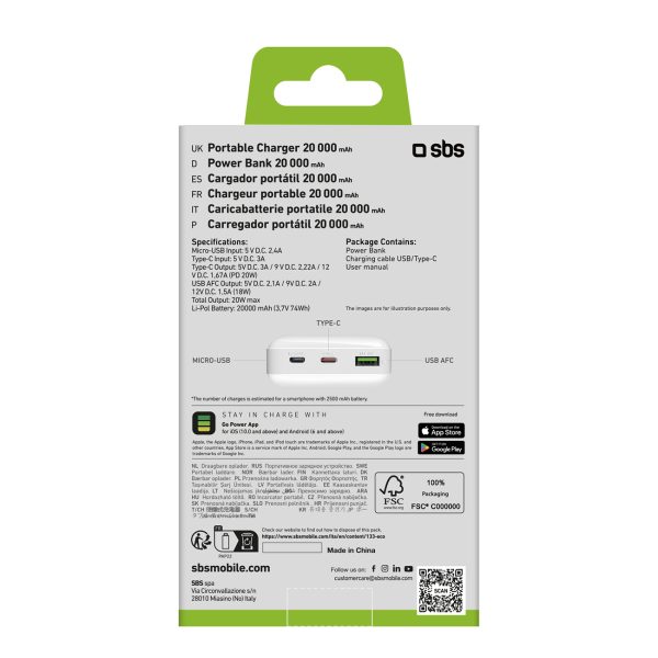 Powerbank 20000mAh PD MicroUSB USB-C USB-A 20W - balts