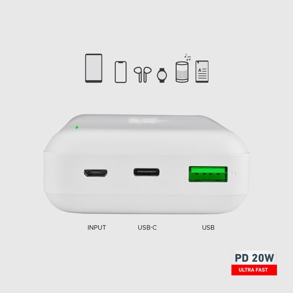 Powerbank 20000mAh PD MicroUSB USB-C USB-A 20W - balts