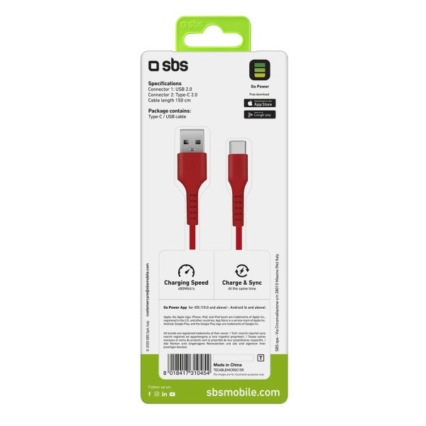 Kabelis USB-A - USB-C 1,5 m - sarkans