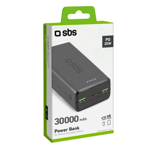 Powerbank 30000mAh USB-C USB-A - melns