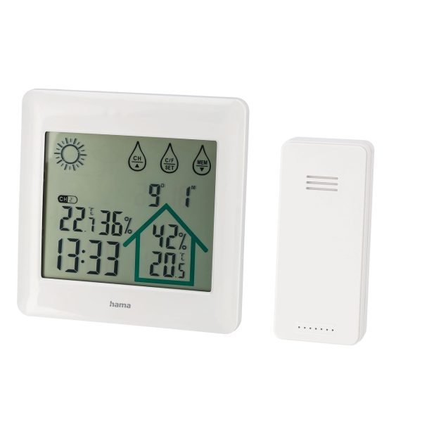 Hama Action meteoroloģiskā stacija termometrs, higrometrs, pulkstenis, datums - balta