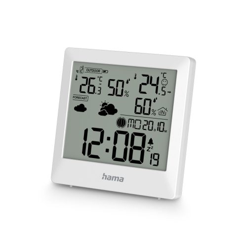 Hama Palawan meteoroloģiskā stacija, termometrs, higrometrs, pulkstenis, modinātājs - balts