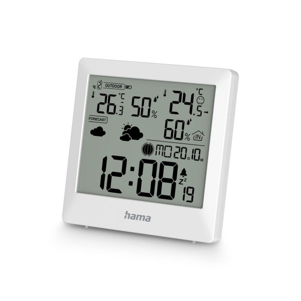 Hama Palawan meteoroloģiskā stacija, termometrs, higrometrs, pulkstenis, modinātājs - balts