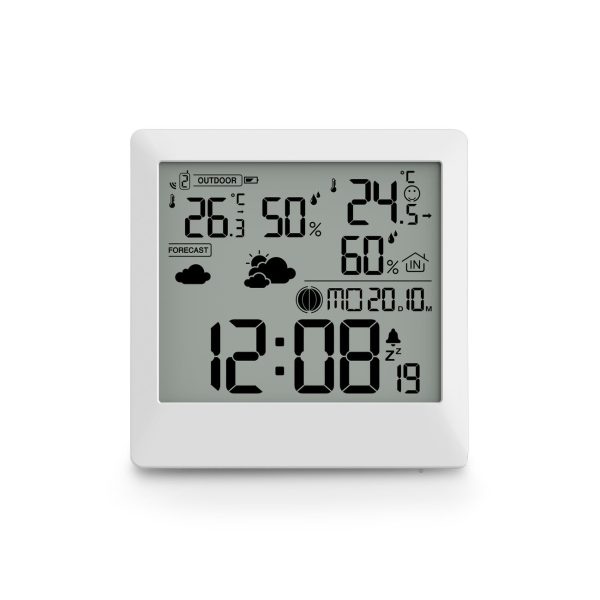 Hama Palawan meteoroloģiskā stacija, termometrs, higrometrs, pulkstenis, modinātājs - balts
