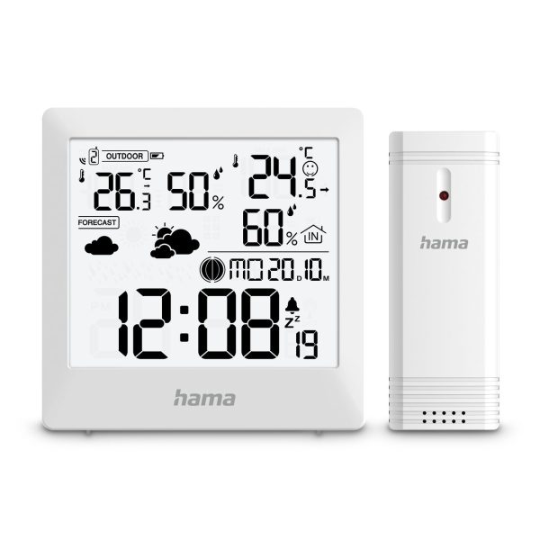 Hama Palawan meteoroloģiskā stacija, termometrs, higrometrs, pulkstenis, modinātājs - balts