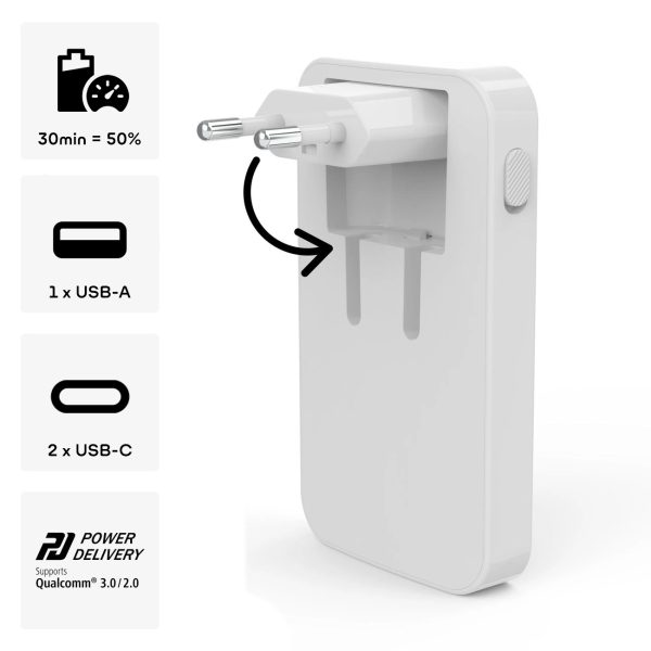 Salokāms GaN USB-C USB-A 65W sienas lādētājs - balts