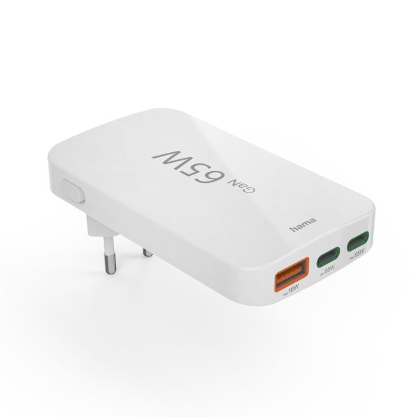 Salokāms GaN USB-C USB-A 65W sienas lādētājs - balts