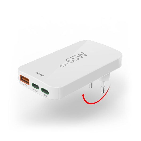Salokāms GaN USB-C USB-A 65W sienas lādētājs - balts