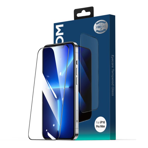 2.5D pret zilu gaismu putekļu necaurlaidīgs rūdīts stikls iPhone 16 Pro Max, melns rāmis