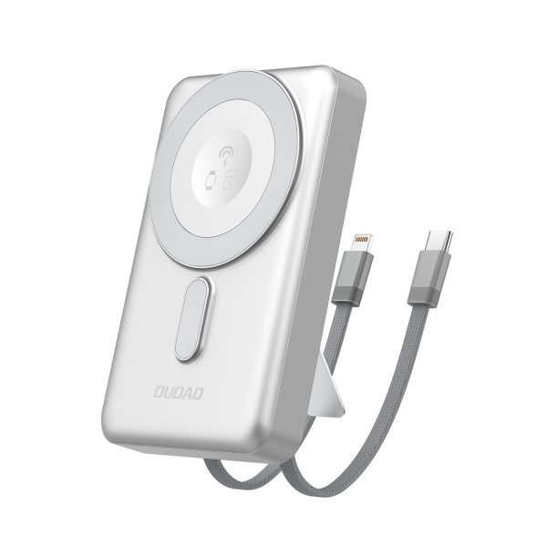 Powerbank K29 10000mAh MagSafe metāla korpuss, statīvs, kabeļi, USB-C, iPhone Lightning, PD 20W - sudrabs