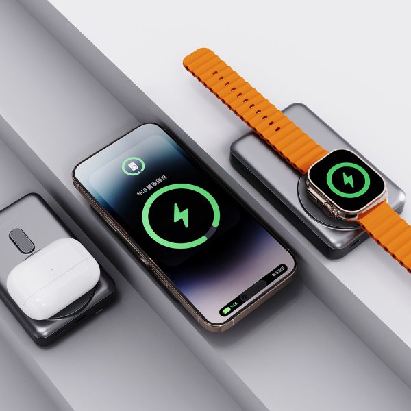 Powerbank K29 10000mAh MagSafe metāla korpuss, statīvs, kabeļi, USB-C, iPhone Lightning, PD 20W - sudrabs