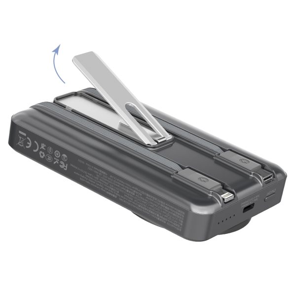 Powerbank K29 10000mAh MagSafe metāla korpuss, statīvs, kabeļi, USB-C, iPhone Lightning, PD 20W - sudrabs