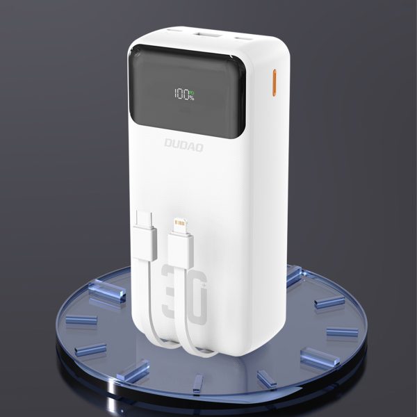 Powerbank 30000mAh ar iebūvētiem PD kabeļiem 22,5W - balts