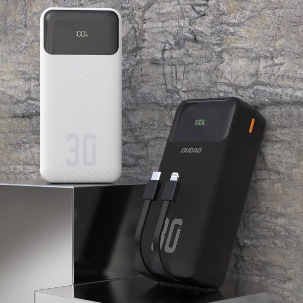 Powerbank 30000mAh ar iebūvētiem PD kabeļiem 22,5W - balts