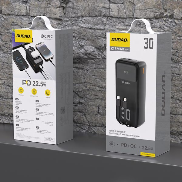 Powerbank 30000mAh ar iebūvētiem PD kabeļiem 22,5W - melns