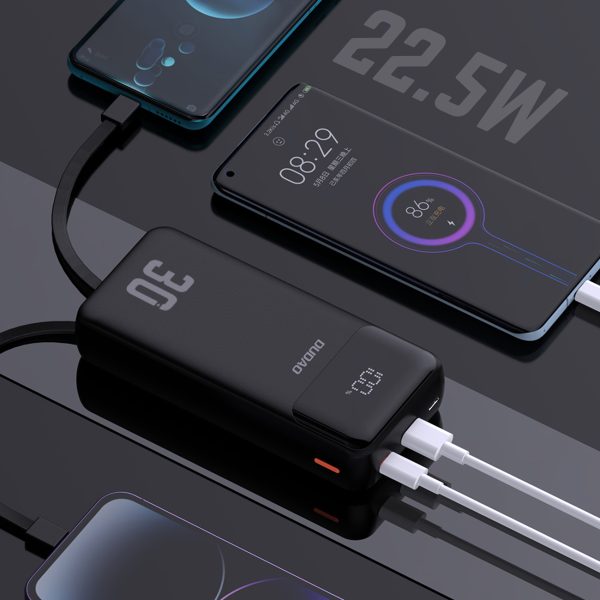 Powerbank 30000mAh ar iebūvētiem PD kabeļiem 22,5W - melns