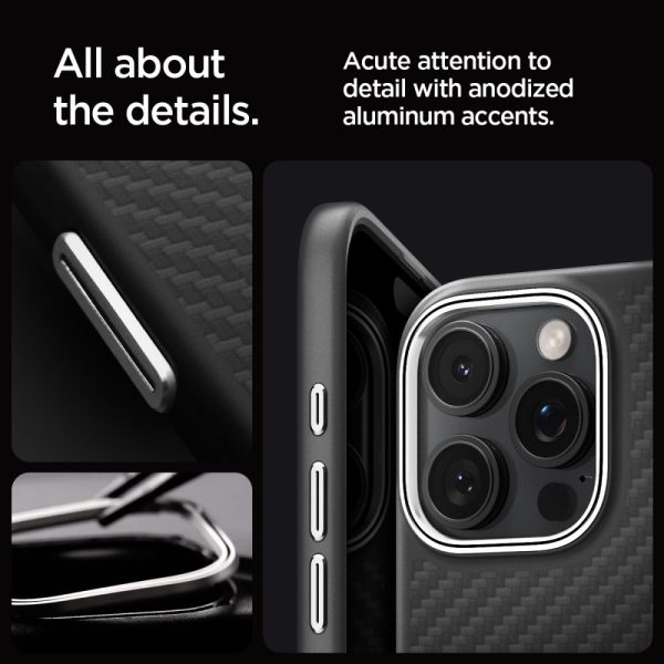 iPhone 16 Pro Max Enzo Aramid Mag vāciņš ar MagSafe aizsargapvalku — melns un sudrabkrāsas