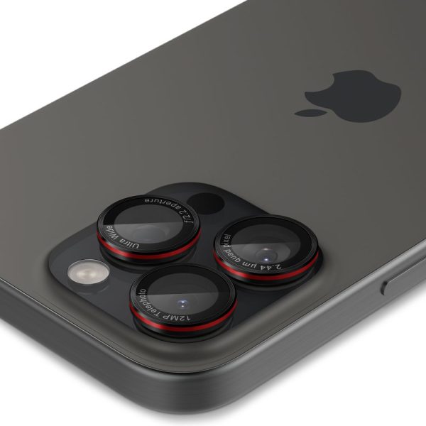 Rūdīts stikls iPhone 14 Pro/Pro Max/15 Pro/Pro Max/16 Pro/16 Pro Max kamerai - melns ar sarkanu malu