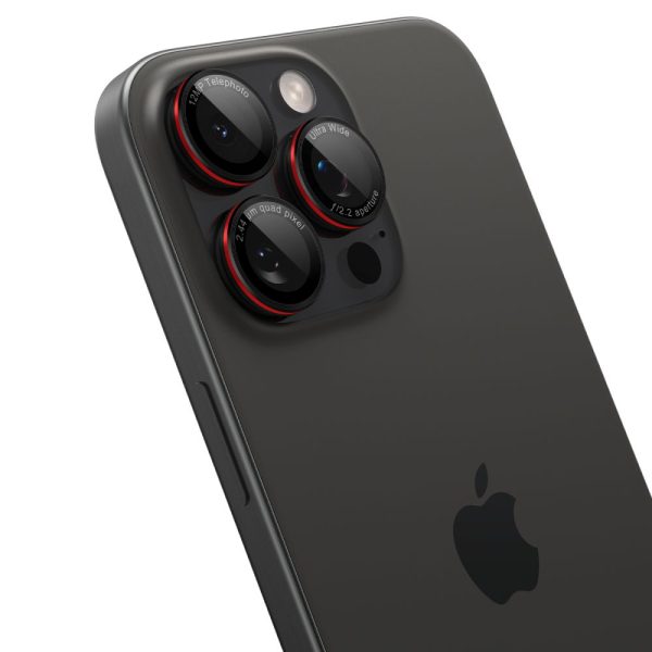 Rūdīts stikls iPhone 14 Pro/Pro Max/15 Pro/Pro Max/16 Pro/16 Pro Max kamerai - melns ar sarkanu malu