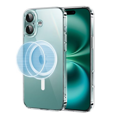 iPhone 16 elegants, caurspīdīgs magnētiskais maciņš ar MagSafe aizsargplēvi — caurspīdīgs