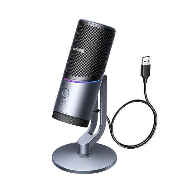 Mikrofon stojący na biurko USB-A RGB LED - srebrny