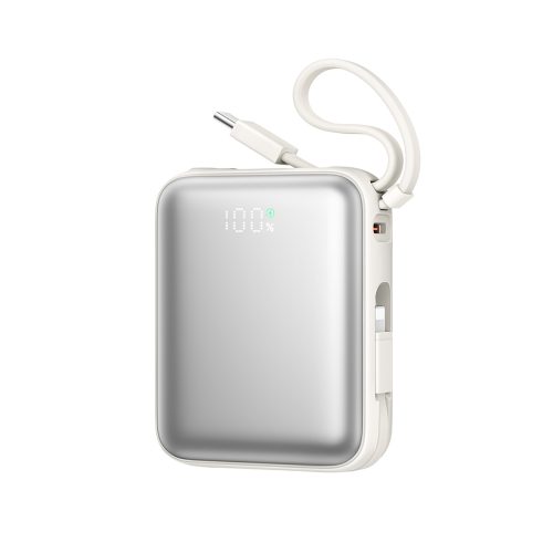 Powerbank 10000mAh 22.5W ar iebūvētu USB-C Lightning kabeli - balts